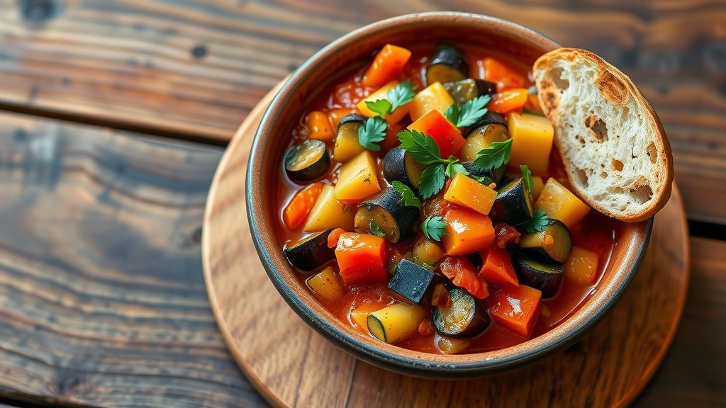 Savory Mediterranean Eggplant Stew Recipe A hearty bowl of eggplant stew with diced vegetables in tomato sauce, garnished with herbs, served with bread on a wooden table.